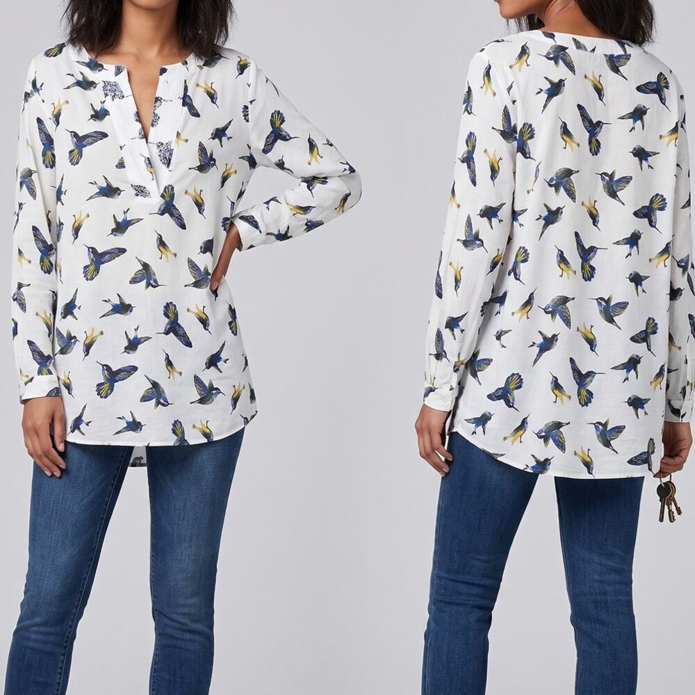 Lane Bryant 18/20 Hummingbird Print Blouse Ivory White Cotton